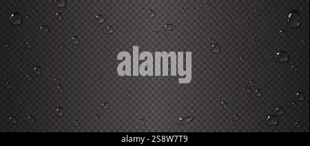 Realistic transparent water droplets on a dark checkered background. Vector illustration with glossy details for overlay effects and design elements. Stock Vector
