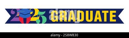 Graduate 2025 celebrating blue ribbon with colourful graphic elements and isolated clipping mask. Horizontal banner. Web button concept. Cute creative Stock Vector