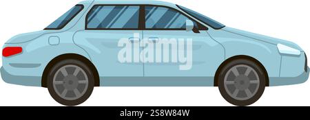 Light blue four door sedan parked on a white background, showcasing a sleek side view. Highlighting modern design elements, this vehicle represents Stock Vector