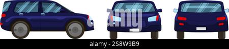 Three views of a dark blue SUV car showcasing its front, side, and rear, perfect for automotive design, advertising, or any project needing a Stock Vector