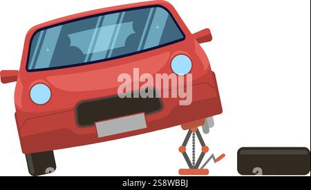 Red car lifted by a scissor jack, with a spare tire positioned nearby, highlighting the importance of vehicle maintenance and roadside assistance for Stock Vector