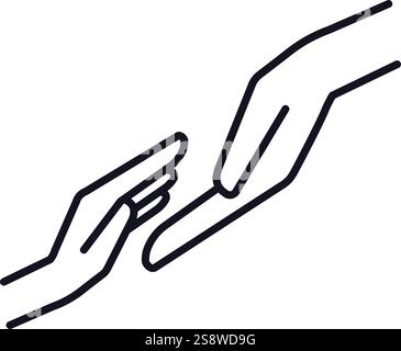 Minimalist line art vector illustration depicting two hands almost touching each other, symbolizing human connection, help, support, and kindness Stock Vector