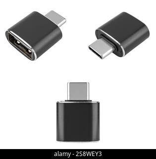 Connector adapter from USB to Type-C, on white background in insulation. Stock Photo