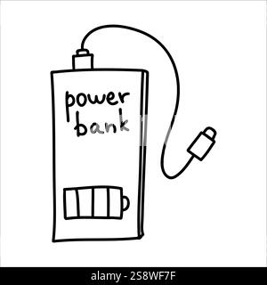 Portable power bank with USB cable and battery indicator doodle. External charger for mobile devices, smartphones. Hand-drawn line art illustration Stock Vector