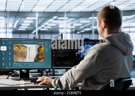 Computer scientist in server farm making generative artificial intelligence website generating videos using diffusion model algorithms. IT expert in office coding AI virtual assistant producing clips Stock Photo