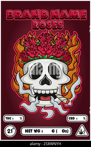 Cartoon Rose on Skull Head Smoking And Burning Fire Backgrounds. For Product Packaging Cover. Vectors Illustrations Stock Vector