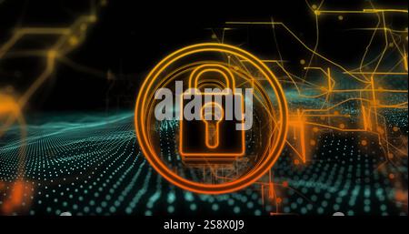 Lock and key symbol image over digital network and data points Stock Photo