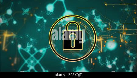 Lock symbol image over abstract digital background with molecular structures Stock Photo