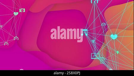 Network of connected devices and icons image over abstract pink and orange background Stock Photo