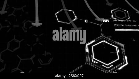 Chemical structures and molecular bonds image over black background with hexagons Stock Photo