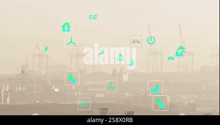 Image of network of eco icons over cityscape Stock Photo