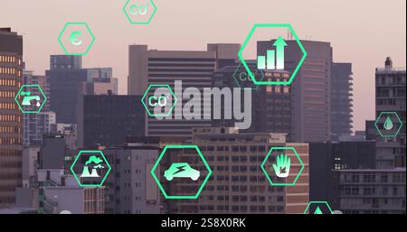 Image of network of eco icons over cityscape Stock Photo