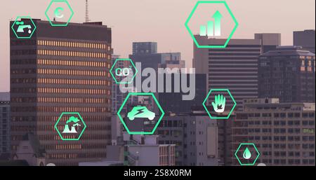 Image of network of eco icons over cityscape Stock Photo