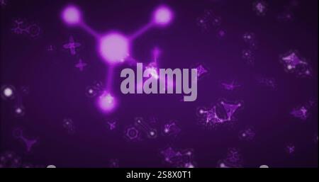 Image of glowing molecules moving over purple background Stock Photo