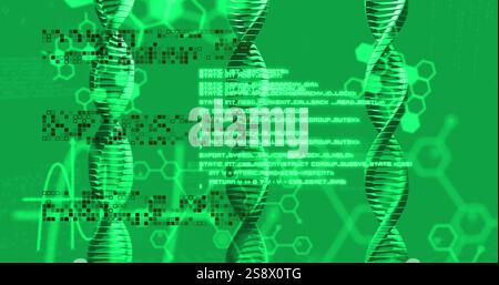 Image of dna strands and scientific data processing over green background Stock Photo