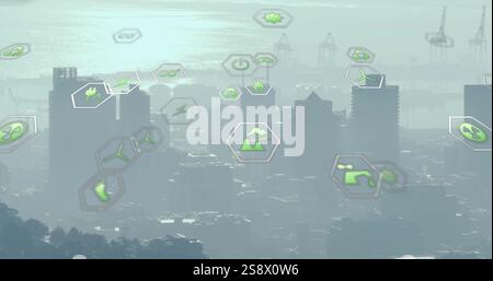 Image of network of eco icons over cityscape Stock Photo