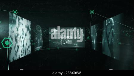 Image of digital screens with science data over network of connections Stock Photo