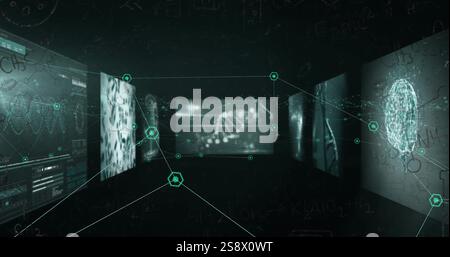 Image of digital screens with science data over network of connections Stock Photo