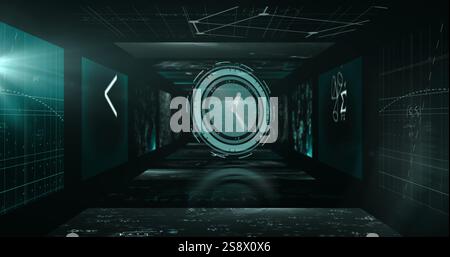 Geometric shapes and mathematical formulas image over futuristic tunnel background Stock Photo