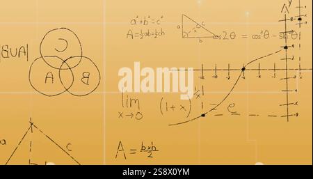 Image of mathematical data processing over yellow background Stock Photo