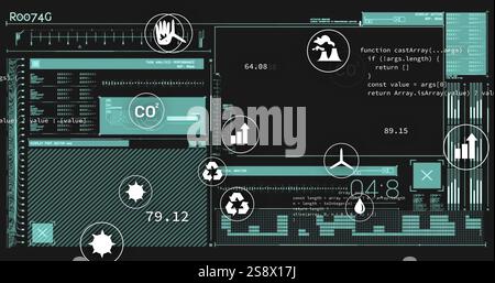 Environmental data and statistics image over digital interface with various icons Stock Photo