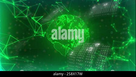 Digital globe and binary code data processing image over green network connections Stock Photo