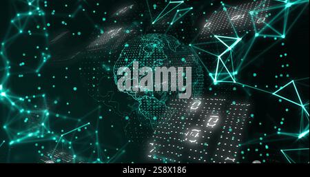 Binary code and digital network connections image over abstract globe Stock Photo
