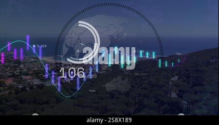 Image of graphs and data processing ring over globe and coast at night Stock Photo