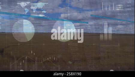 Image of financial data processing over landscape Stock Photo