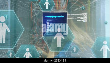 Image of data processing and icons over caucasian businesswoman in server room Stock Photo