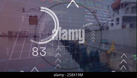 Image of graphs, processing data and globe over goods warehouse Stock Photo