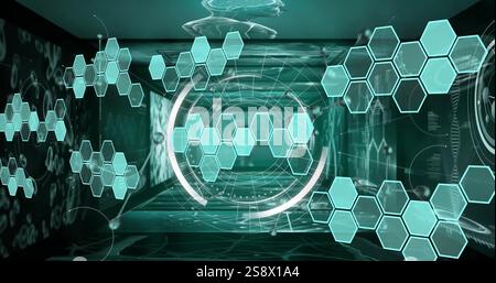 Image of hexagons and molecules over data processing with scope scanning on black background Stock Photo