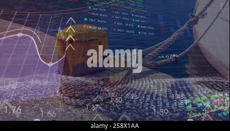 Image of financial data processing over sea port and arrows Stock Photo
