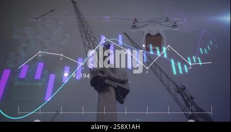 Image of financial data processing over sea port and drone carrying box Stock Photo