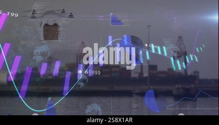 Image of financial data processing over sea port and drone carrying box Stock Photo