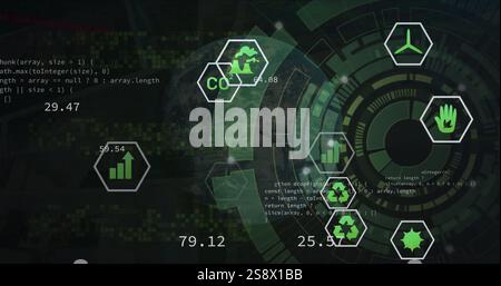 Image of eco icons, computing data processing over scope scanning Stock Photo