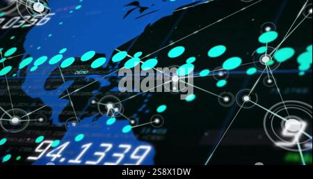 Image of networks and digital data processing over world map Stock Photo