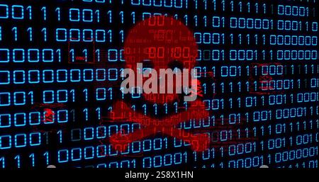 Image of skull and bones, binary coding and data processing Stock Photo