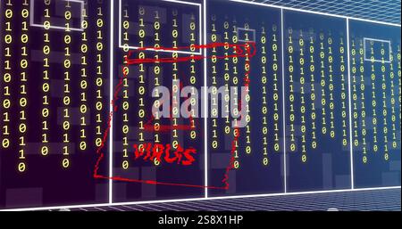 Image of virus text, binary coding and data processing over computer servers Stock Photo