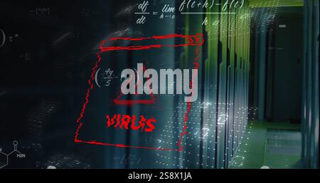 Image of virus text, binary coding and data processing over computer servers Stock Photo