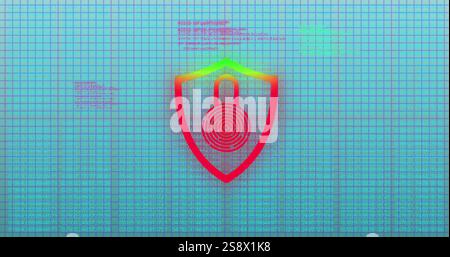 Image of digital biometric padlock icon and data processing over grid Stock Photo