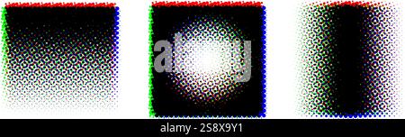 Square halftone gradient background set. RGB textured pixelated rectangle gradation. RGB color dotted fading shapes. Grunge ink press splash stains and blots. Print production raster glitch. Vector Stock Vector