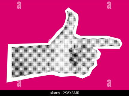 Hand pointing with forefinger to right side halftone collage vector illustration. Direction instruction and accusation on pink background Stock Vector