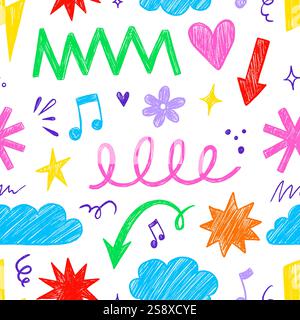 Kid shape color seamless pattern background. Crayon scribble fun children color hand drawn pencil brush shape seamless background. Abstract pattern crayon children pattern design. Vector illustration Stock Vector