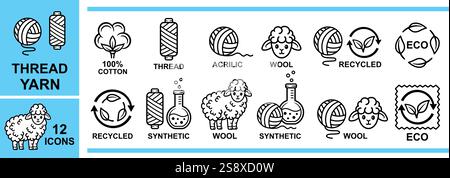 Wool knitting yarn ball, synthetic sewing thread skein spool, cotton, acrylic fiber, knitwear clothing. Sheep. Recycling eco textile clothes line icon Stock Vector