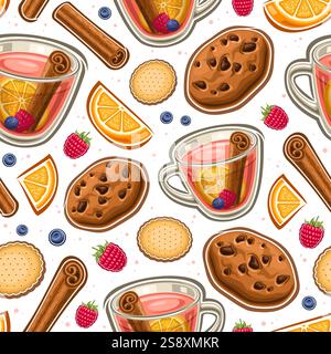 Vector Fruit Tea seamless pattern, decorative background with cut out illustrations flying tea cup and flour snacks, square placard with flat lay pink Stock Vector