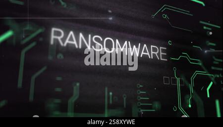 Image of data processing with ransomware text and computer circuit board on black background Stock Photo