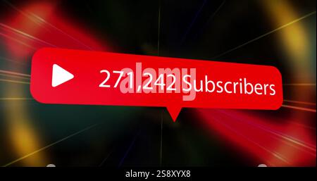 Image of banner with subscribes text, icon and data processing over neon lights tunnel Stock Photo