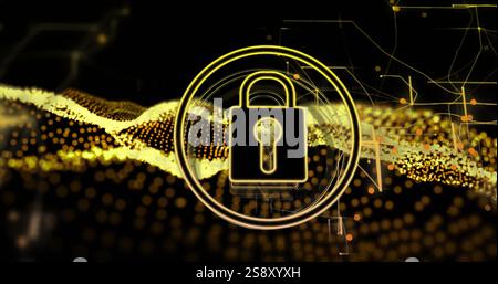 Lock symbol image over digital landscape with golden particles Stock Photo