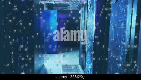 Binary code image over server room with blue lighting Stock Photo